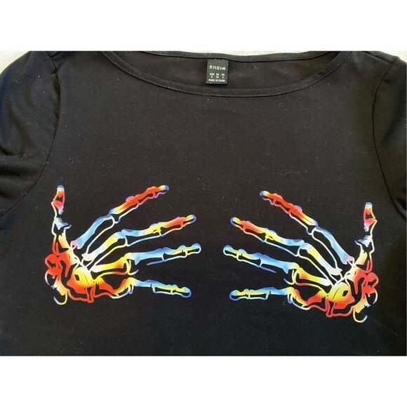 Skeleton Cropped Long Sleeve Shirt Grunge Punk Goth Gothic Emo Skull Rainbow Alt - Picture 8 of 11